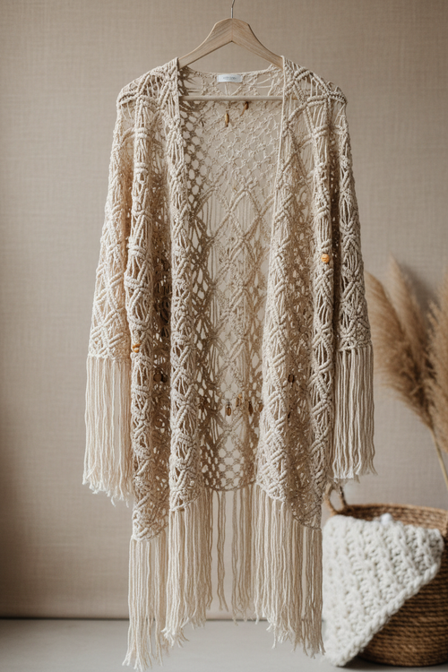 Macrame cardigan in natural ivory tones on a wooden hanger
