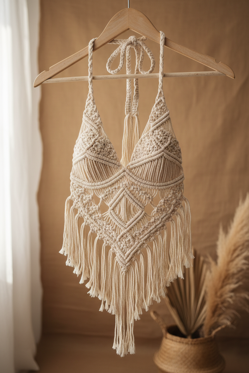 Handcrafted macrame halter top in natural ivory tones